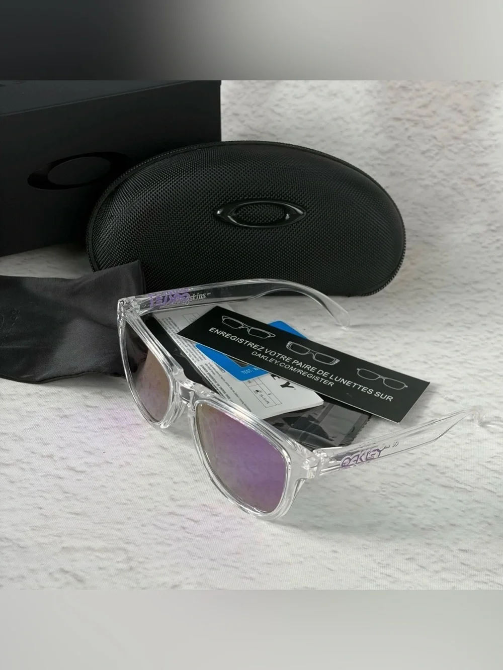 NWT Oakley Frogskins Polarized Clear Frame Purple Violet Lenses w/Case & Box